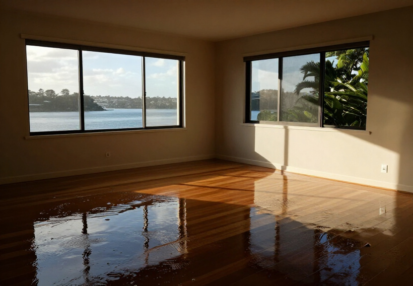 Flood damaged living room in Forestville before restoration